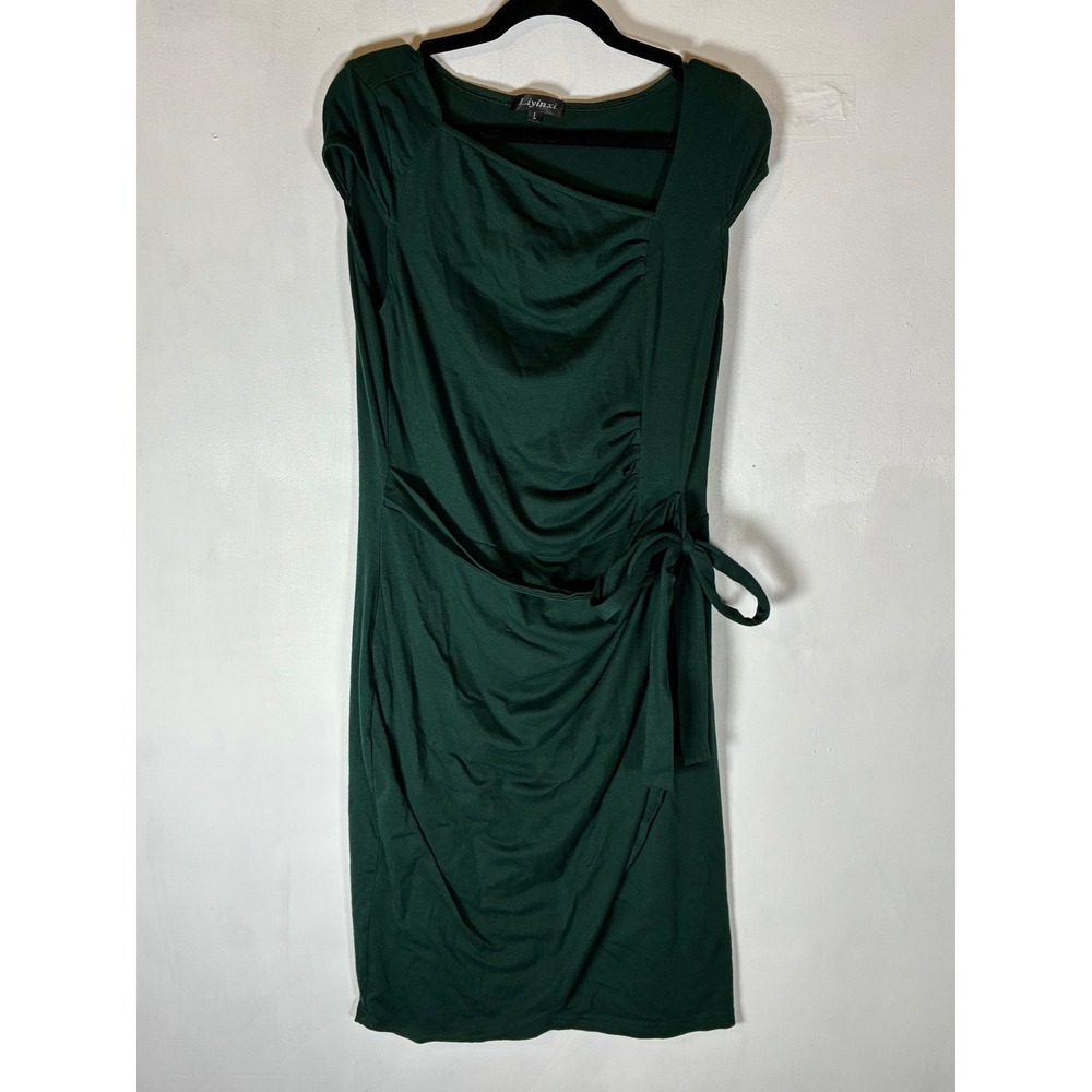 Emerald Green Faux Wrap Ruched Midi Dress Asymmetrical Neck Business Casual L